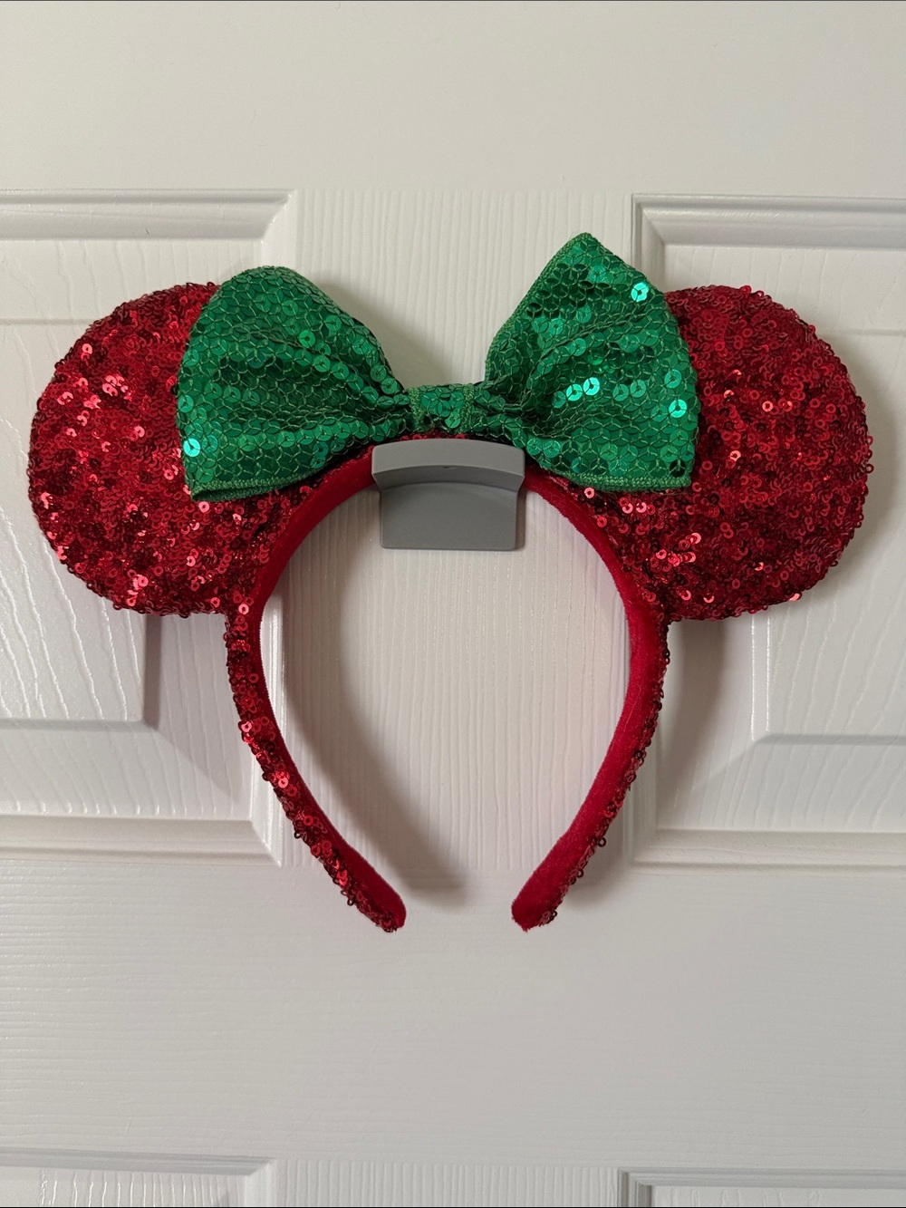 Disney Parks Red Sequin Mouse Ear Headband with Green Bow